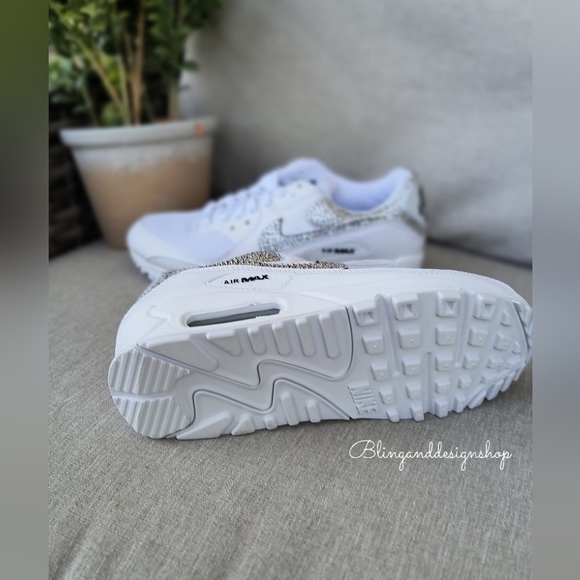 Women's Bling Nike Air Max 90 White Sneakers Shoes made with Swarovski Crystals - Picture 7 of 8